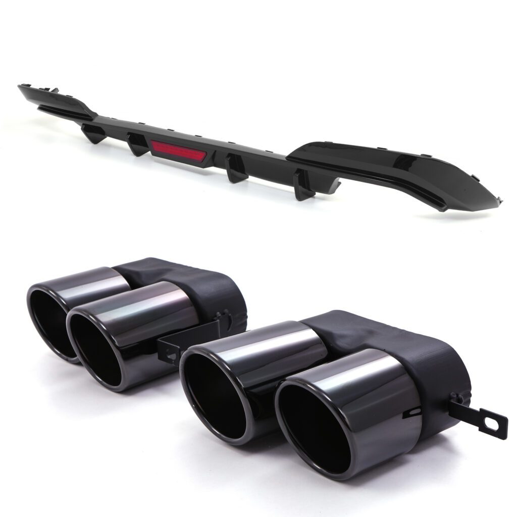Quad Diffuser Gloss Black Rear Quad Diffuser With LED & Tail Pipes For BMW 3 Series ...