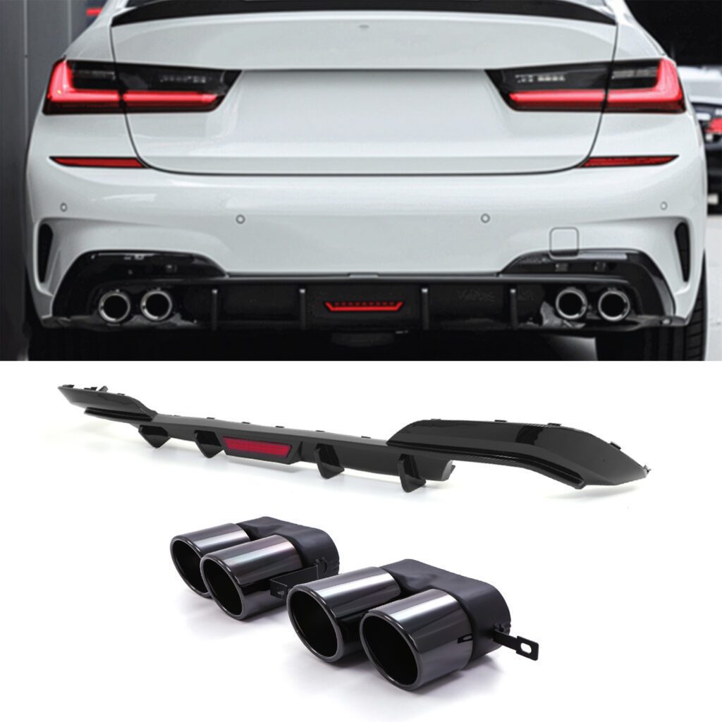 Quad Diffuser Gloss Black Rear Quad Diffuser With LED & Tail Pipes For BMW 3 Series ...