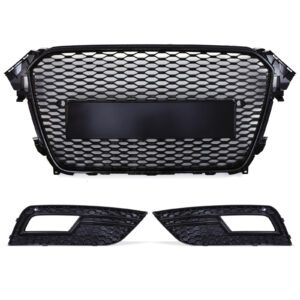 Black Front Badgeless Grille & Fog Covers RS4 Style For Audi A4 B8.5 13-16