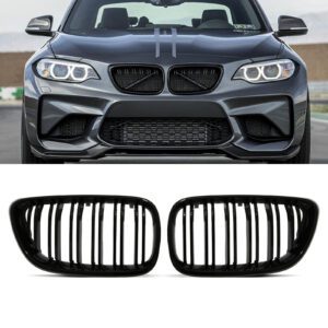 Gloss Black Double Bar Kidney Grille For BMW 2 Series F22 F23 14-21